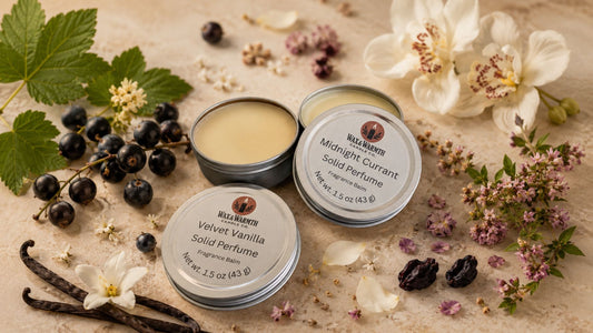 Wax & Warmth solid perfumes showing a perfume layering combination of Velvet Vanilla and Midnight Currant.